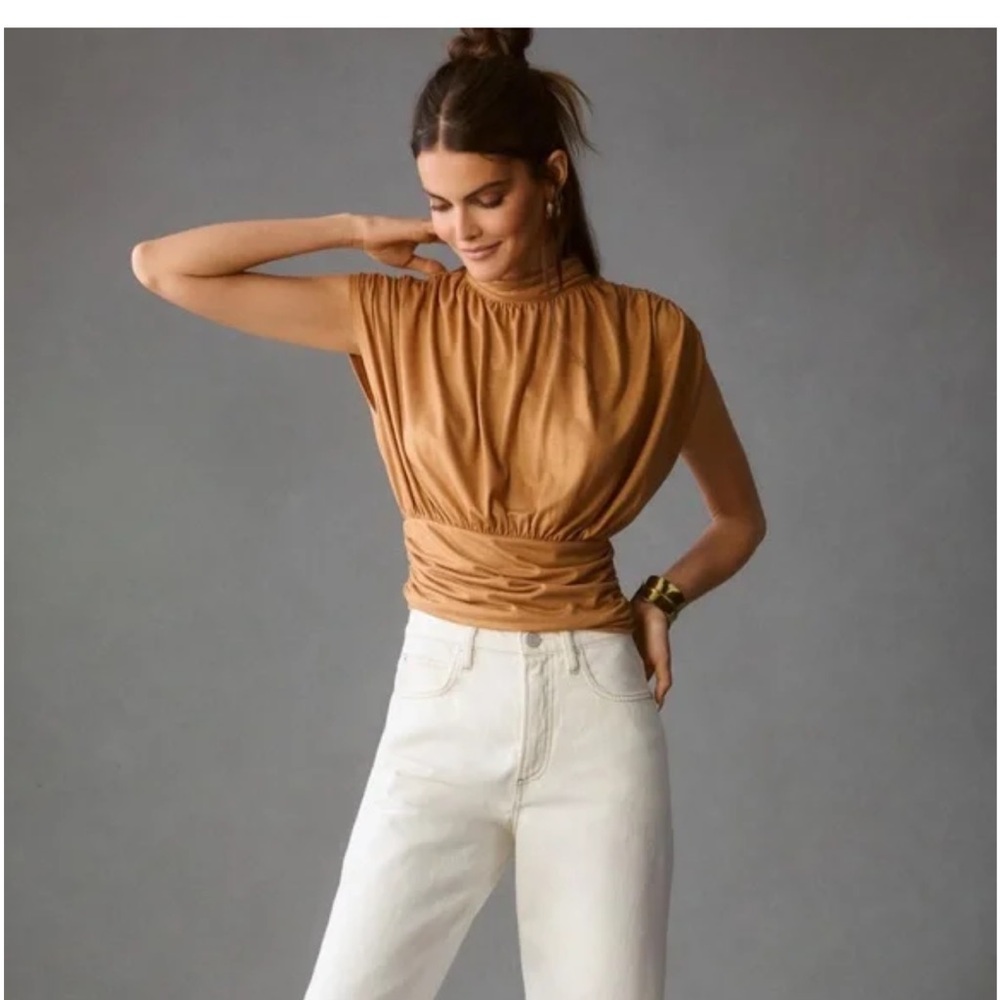 Maeve Shimmering Camel Sleeveless Ruched Top 🆕